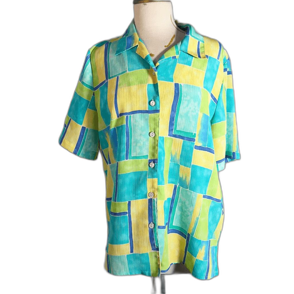 Alia Blouse Size 12 Vintage 90's Yellow Aqua Watercolor Whimsical Fairycore Top